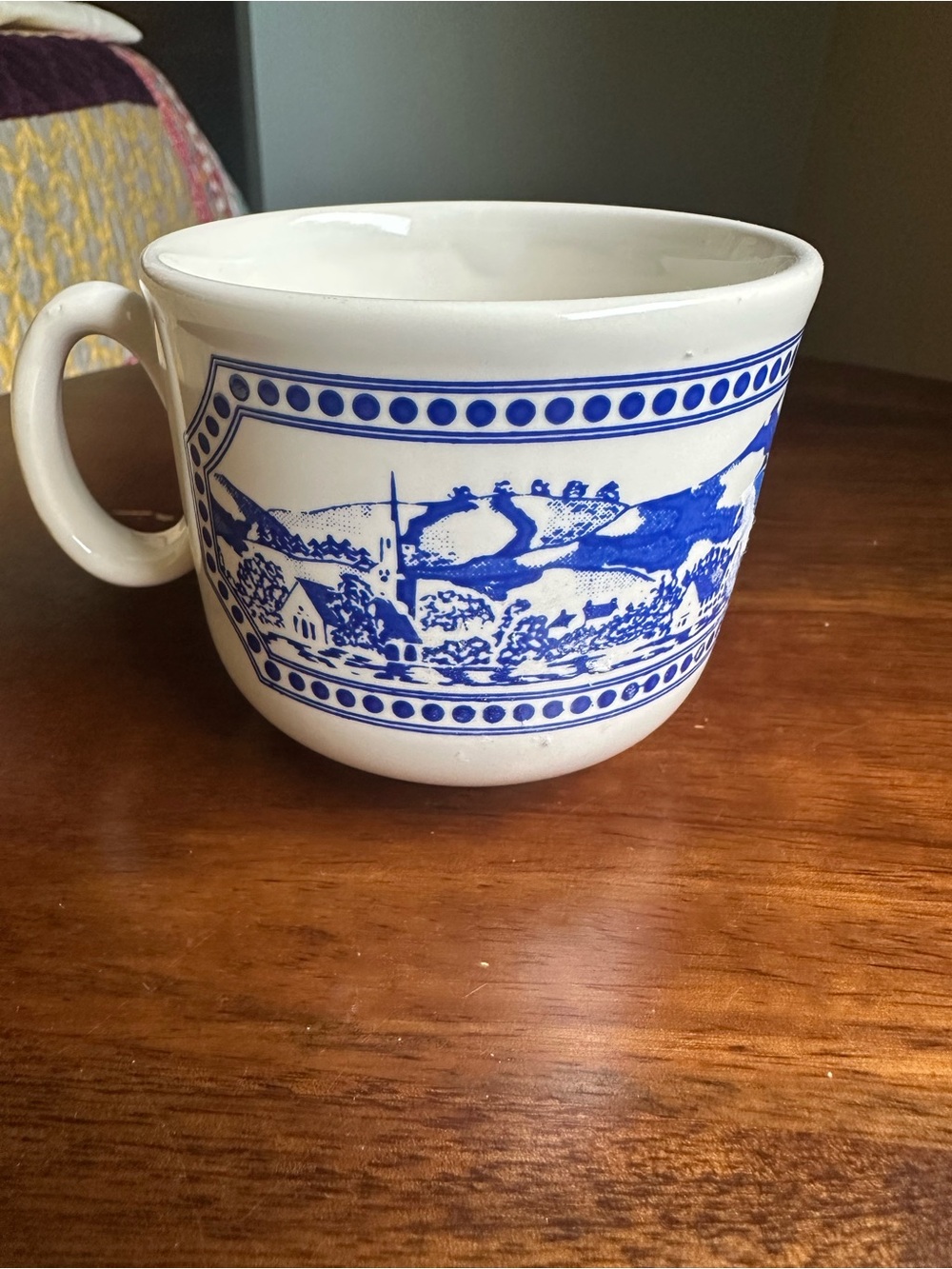 Vintage Blue White Transferware Mug Cup Made in England Village Country Scene